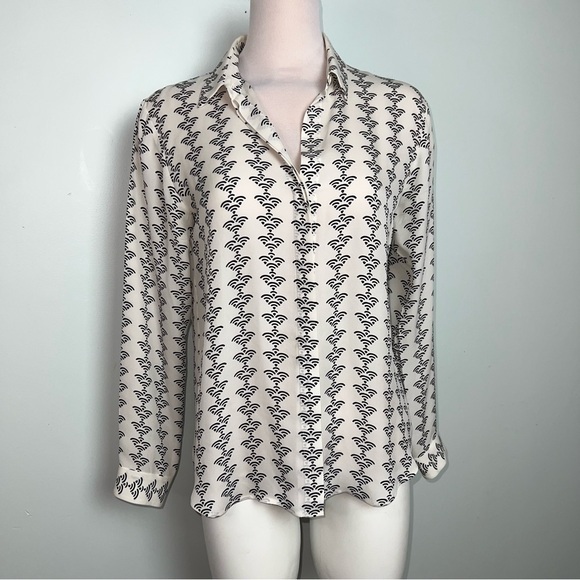 Theory Tops - Theory 100% Silk Printed Button Front Ivory Black Blouse Women’s Petite Small
